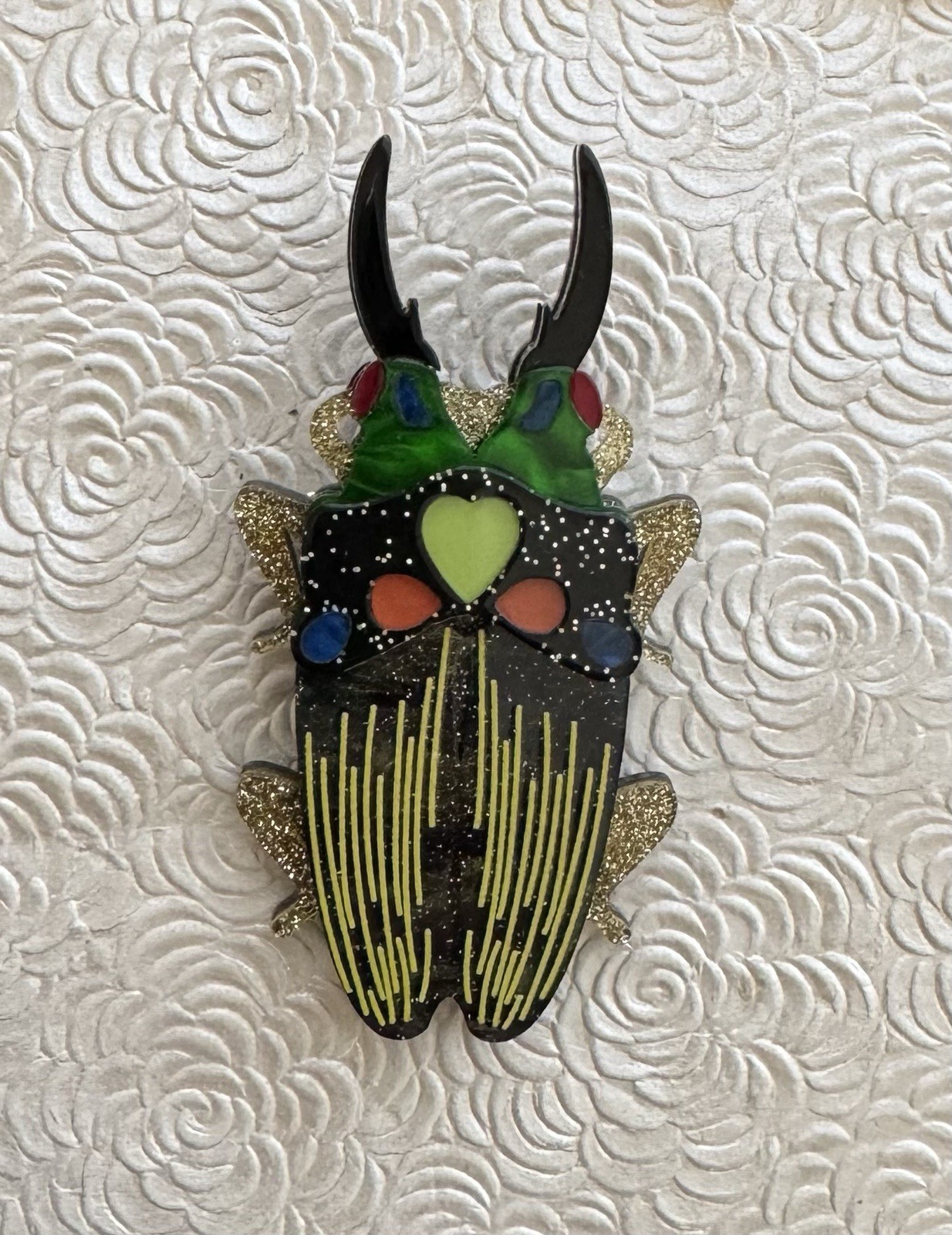 Vintage style large beetle acrylic brooch pin