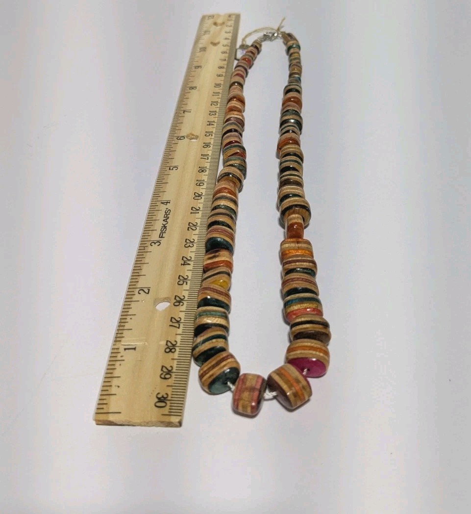 Vintage Multicolor Wood Bead Handmade Necklace. Silver Tone End Caps. 21″ BOHO