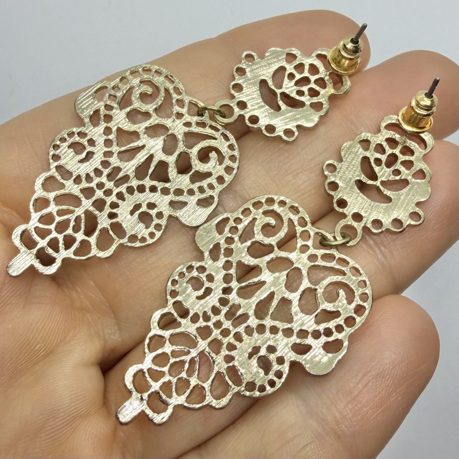 Vtg Large Victorian Revival Goldtone Drop Statement Earrings Post Dangle