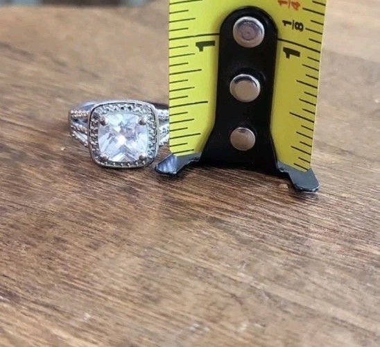 Vintage Cushion Cut Halo Silver Tone Engagement Ring Everyday Ring, Size 8
