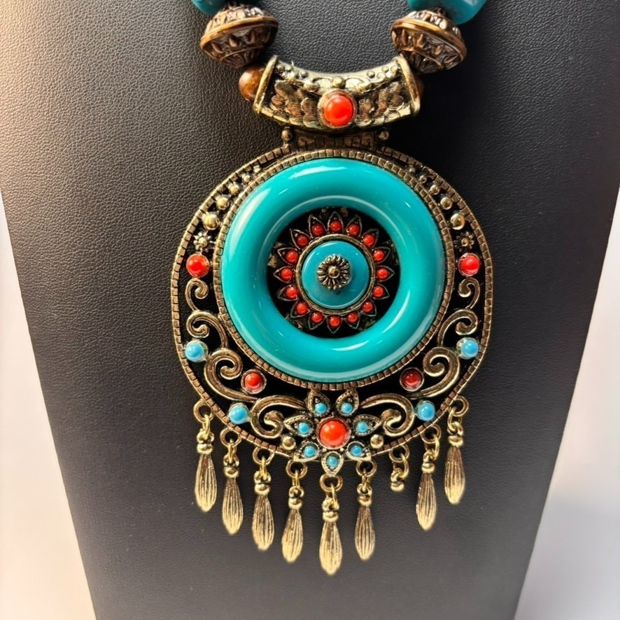 Chunky Vintage Necklace Wood Beads Boho Chunky Blue Resin Pendant