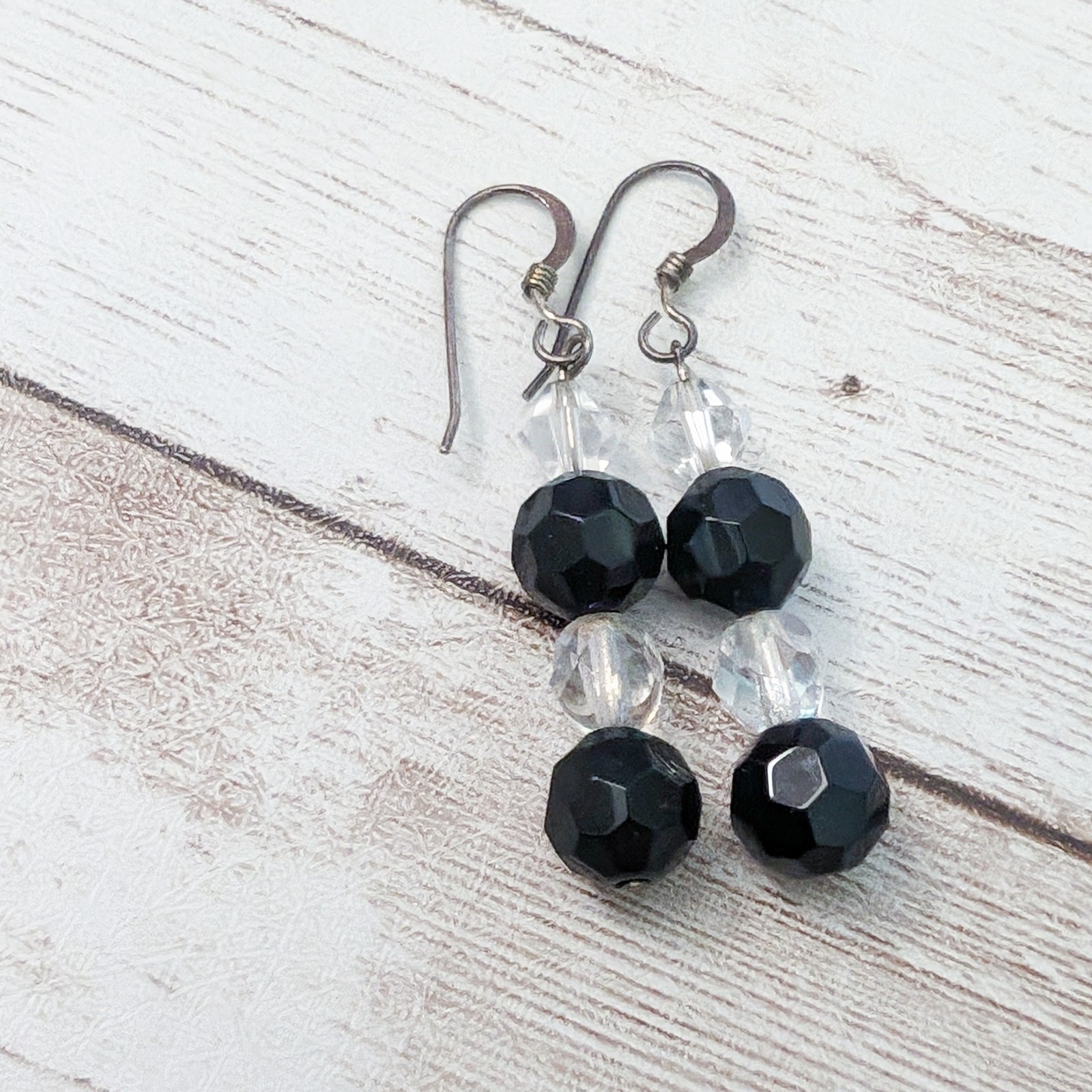 Vintage Earrings For Pierced Ears – Black & Clear Beaded Dangle