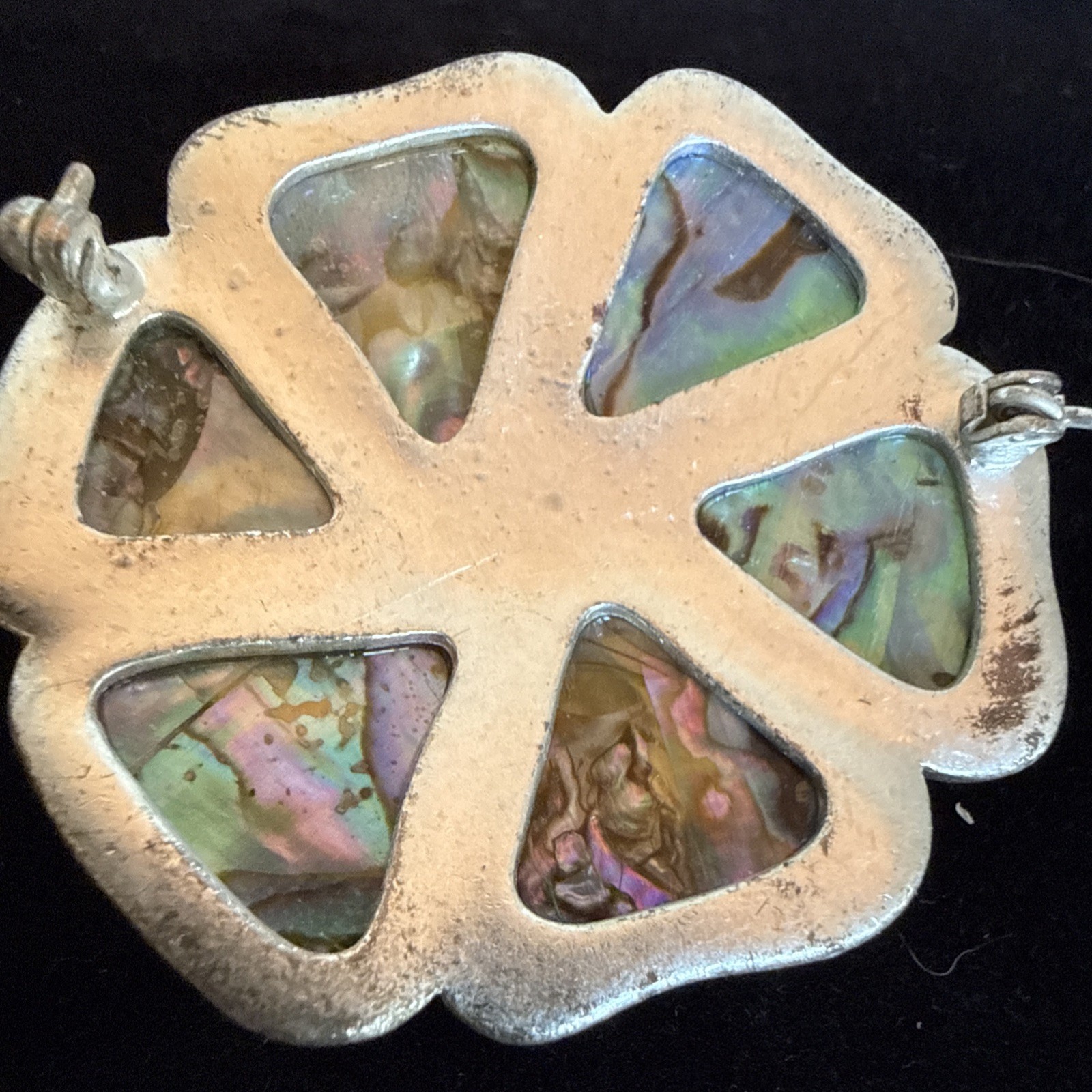 VTG MCM 3-D Abalone multi layer flower brooch Silver tone metal (2″)