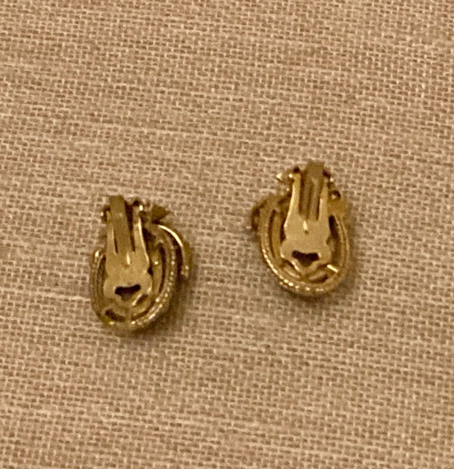 Vintage Faux Amber Glass Cabochon Earrings Gold Tone Leaf Faux Pearl Accent Clip