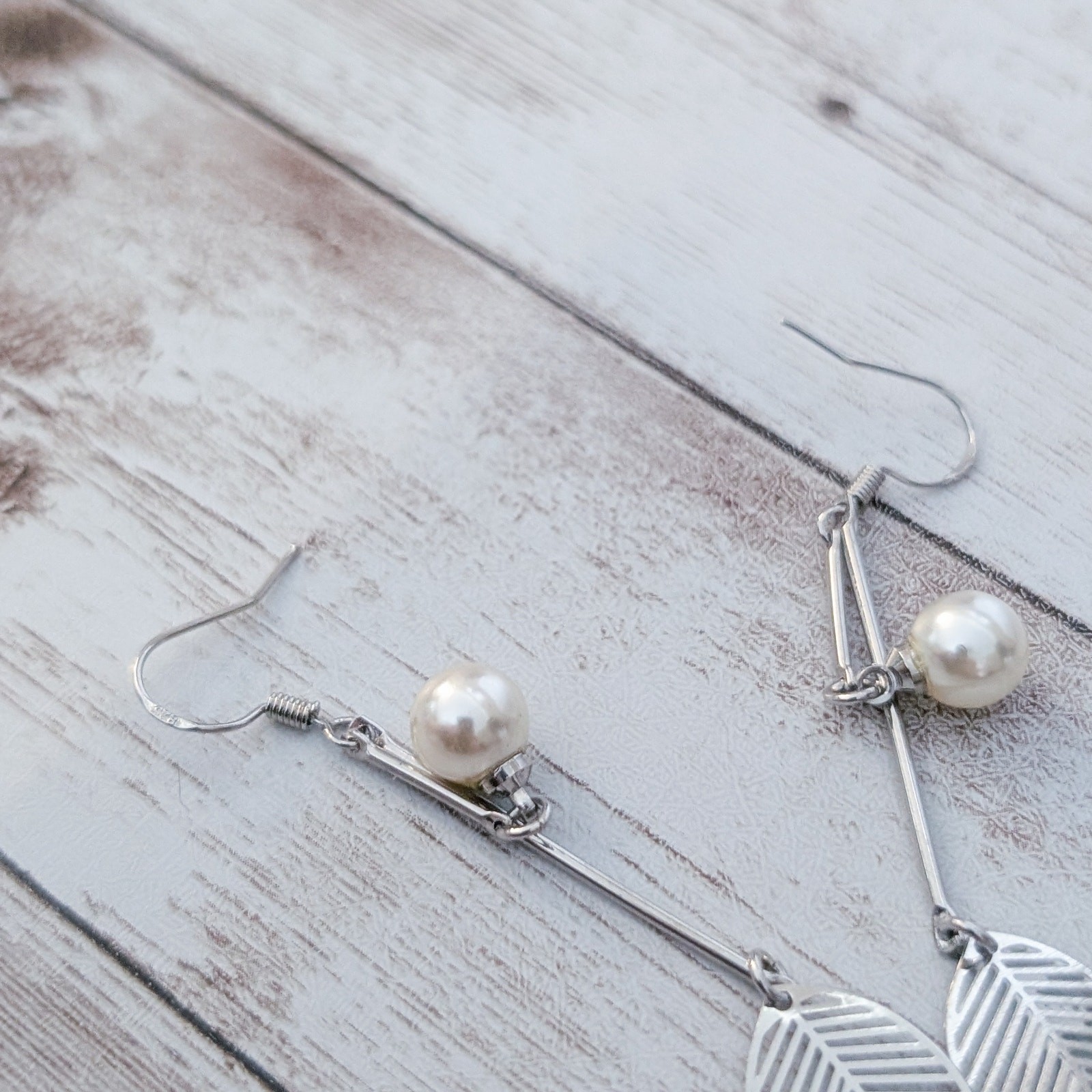 Vintage Dangle Earrings Faux Pearl & Leaf Long Dangle for Pierced Ears 925 Hooks