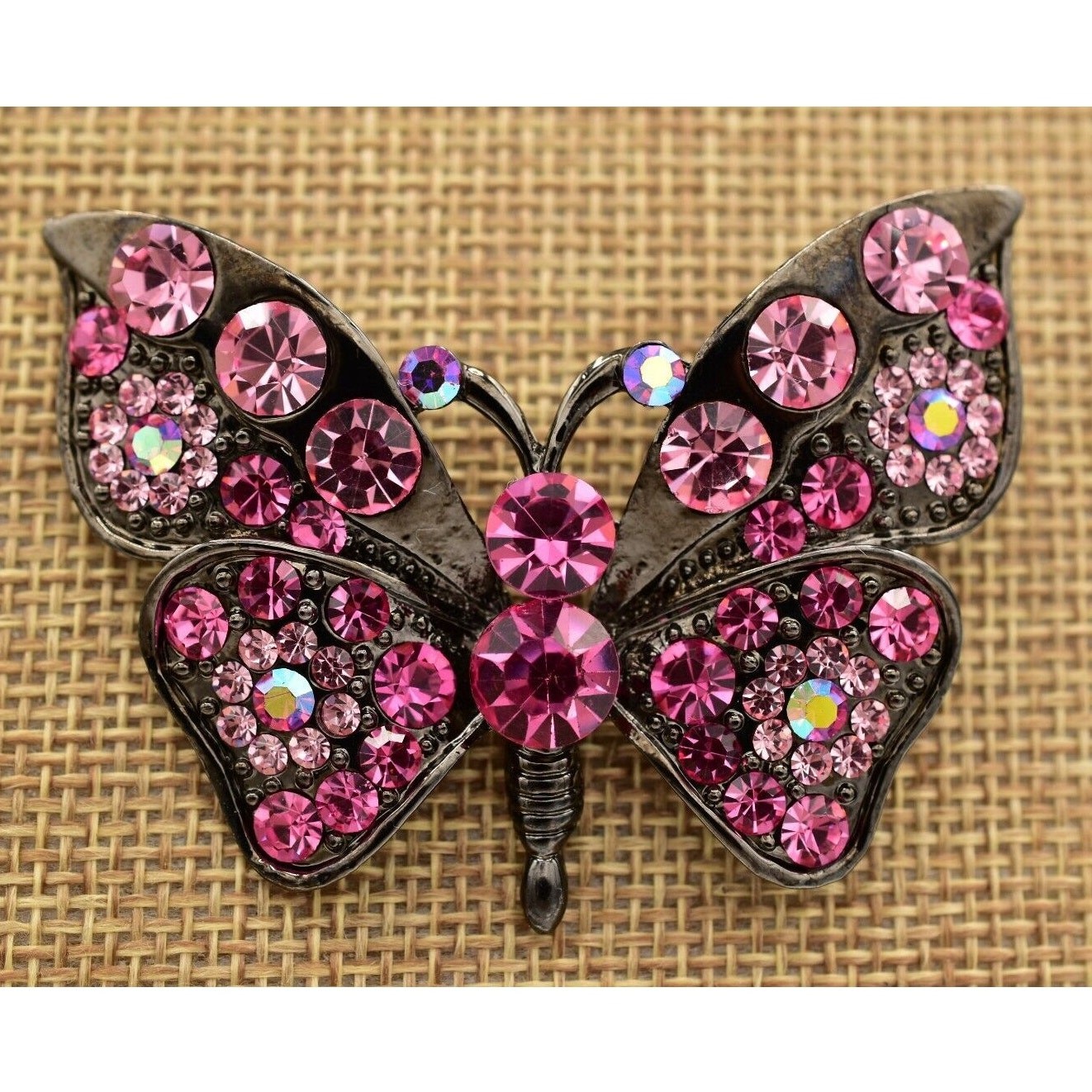 Vintage Crystal Butterfly Pin Brooch Pink Rhinestone Gunmetal Sparkling 90s Bin4