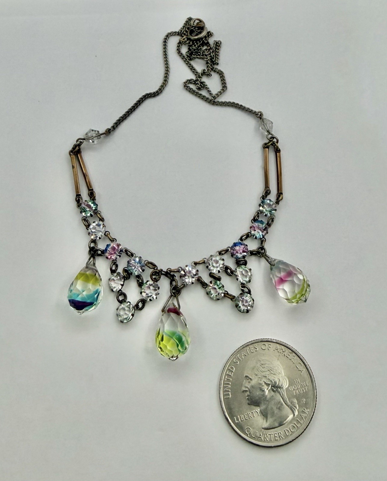 Art Deco Rainbow Iris Arc Crystal & 3 Briolettes Festoon Pendant Necklace 18”