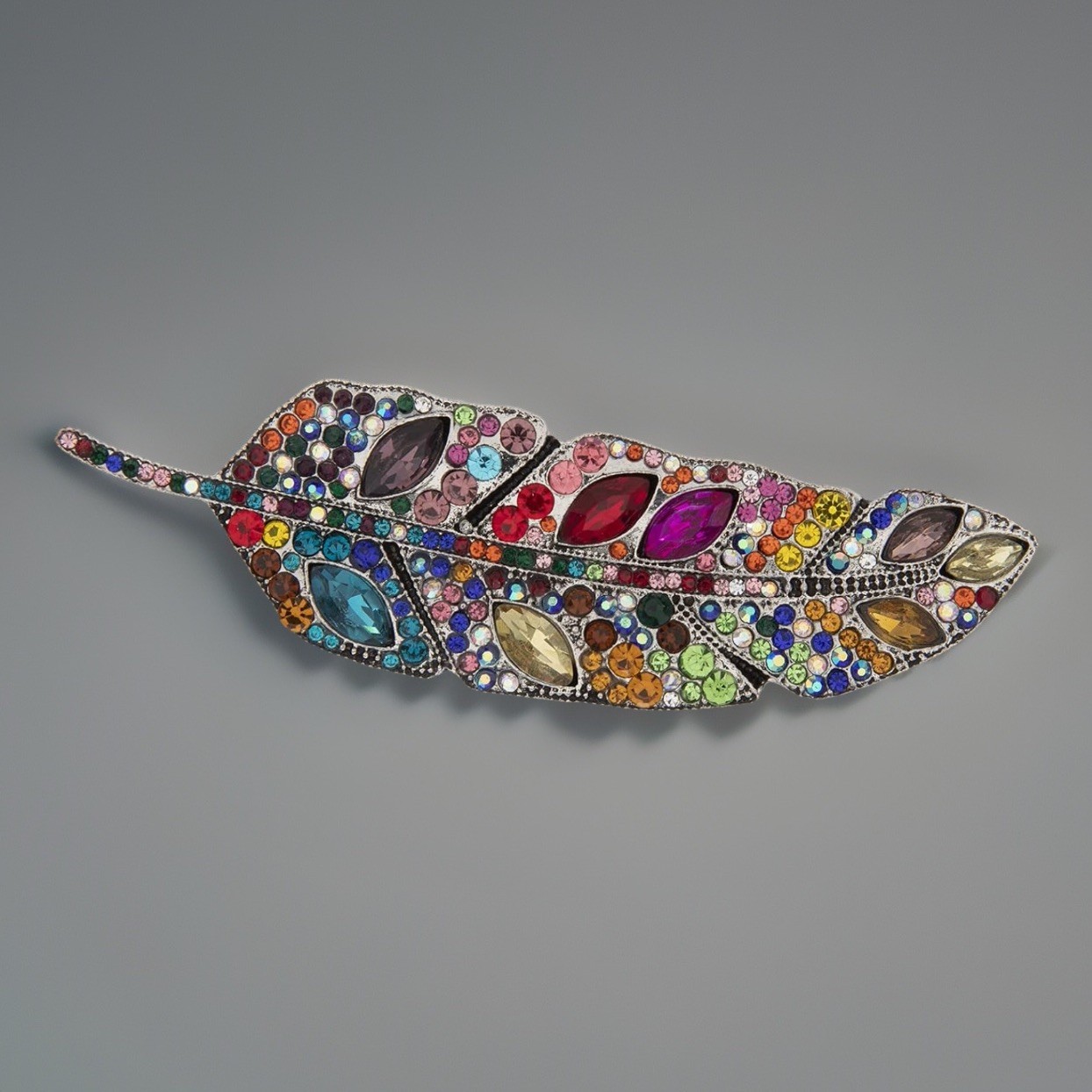 Silver Tone Multicolor Rhinestone Feather Brooch