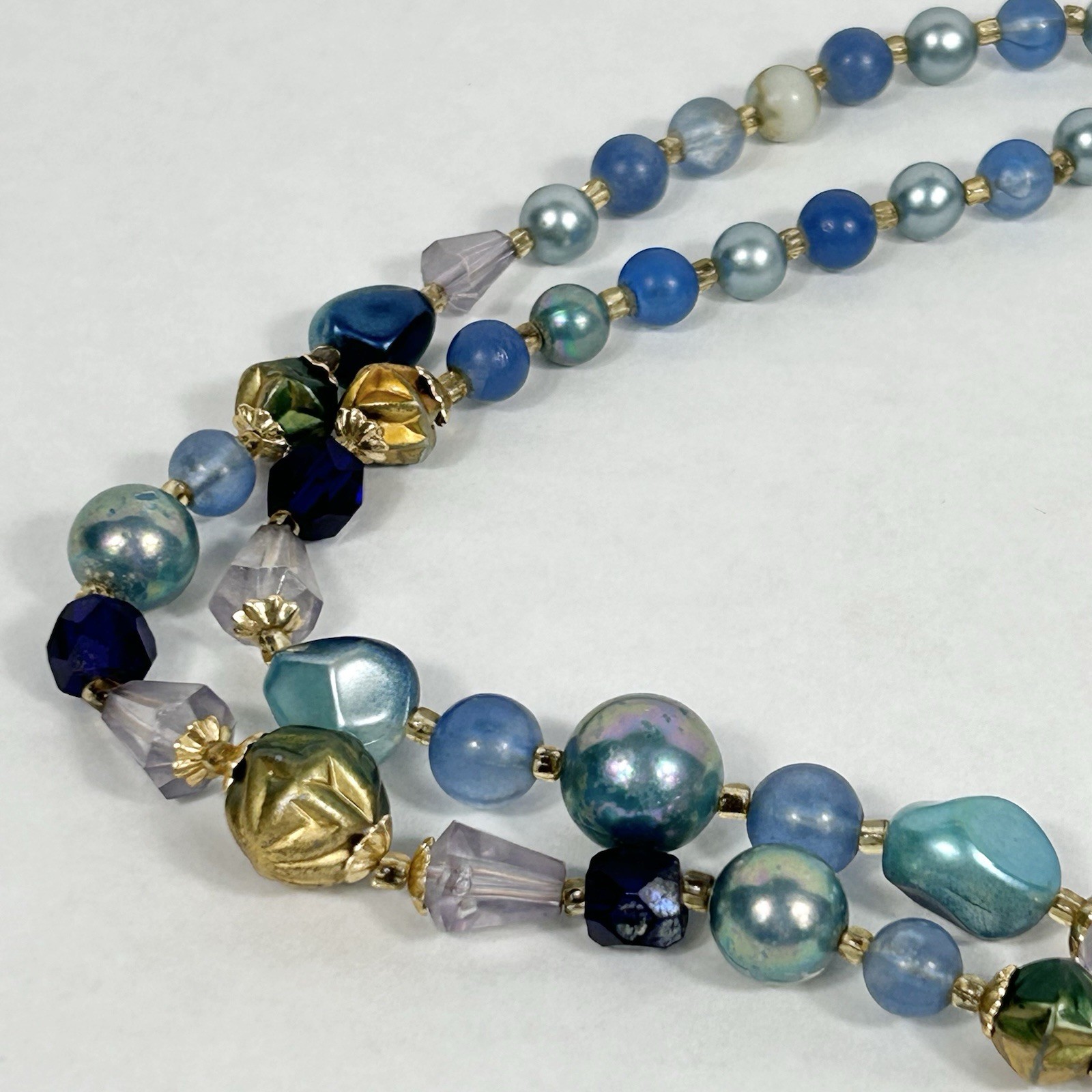 Vintage JAPAN Double Strand Blue Bead Necklace 17.5” Faux Pearl Acrylic Glass