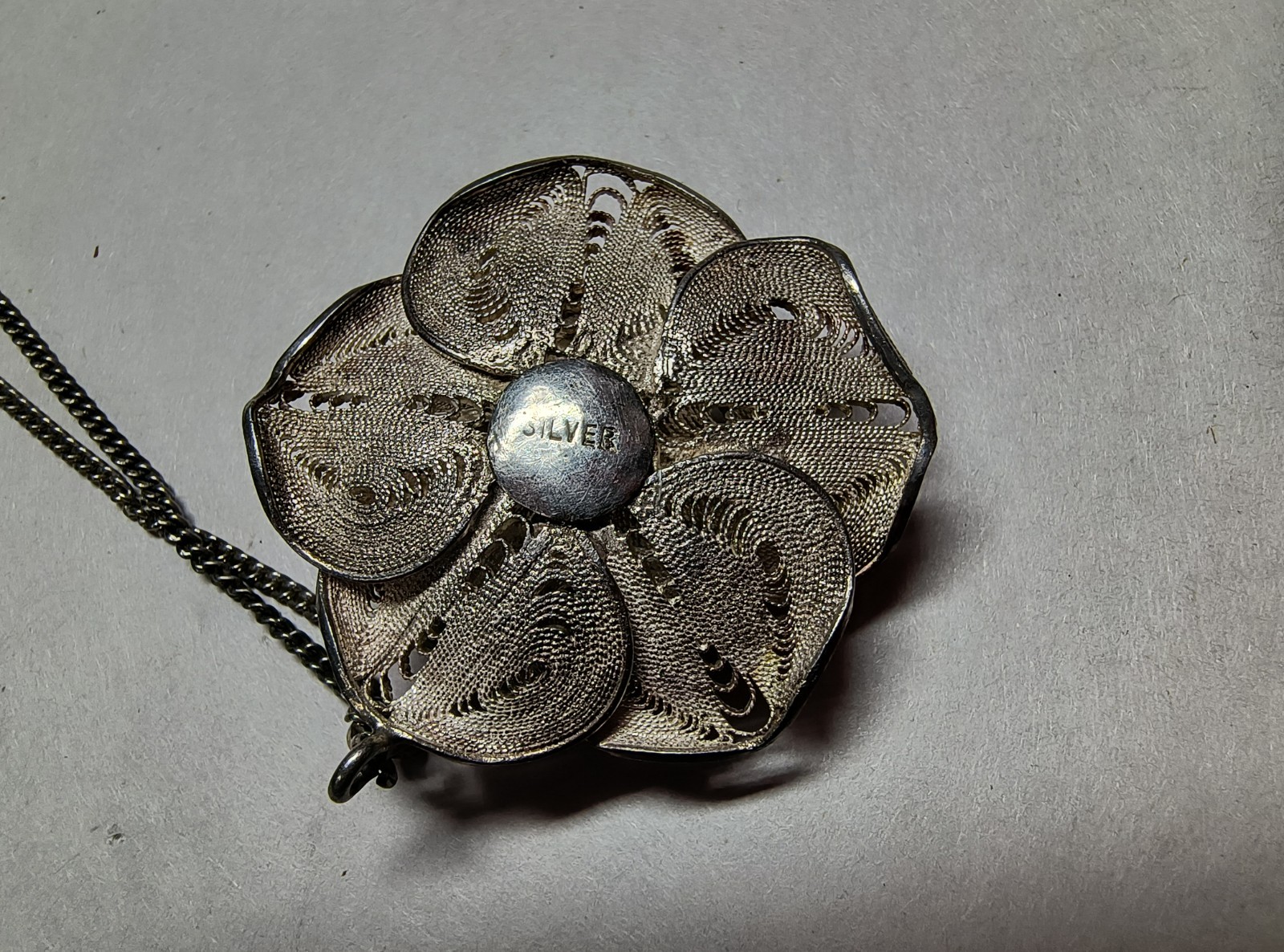 Vintage Sterling Silver Cannetille Filigree Flower Pendant + .925 Chain Necklace