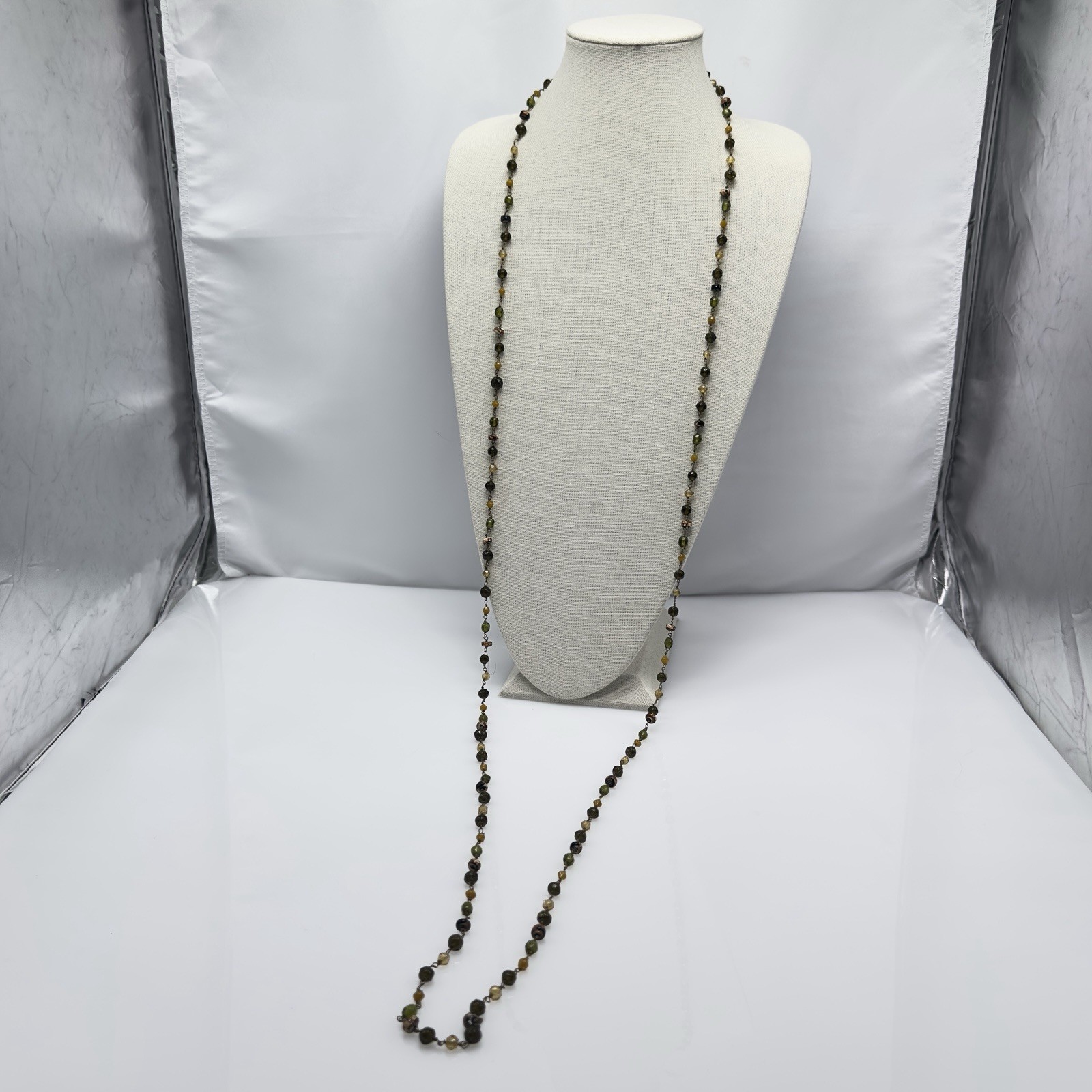 Vintage Art Glass Necklace Earth tones Multi-shape Molded Hand Wired 62″ Opera