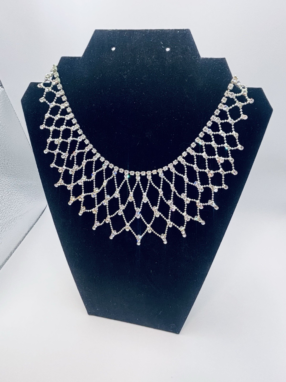 Vintage Rhinestone Bib Collar Necklace Silver Tone Drape Lattice Statement