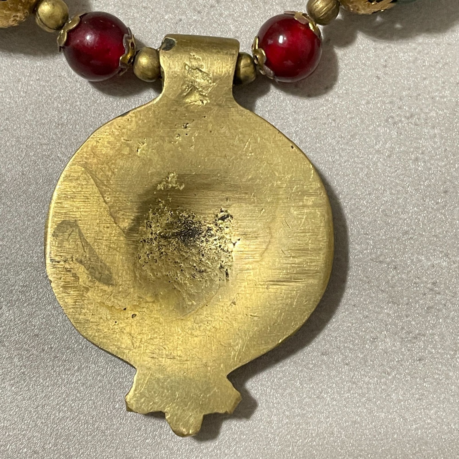 Vintage Ethnic Boho Brass Medallion Green Red Beaded Statement Necklace 10″ Drop