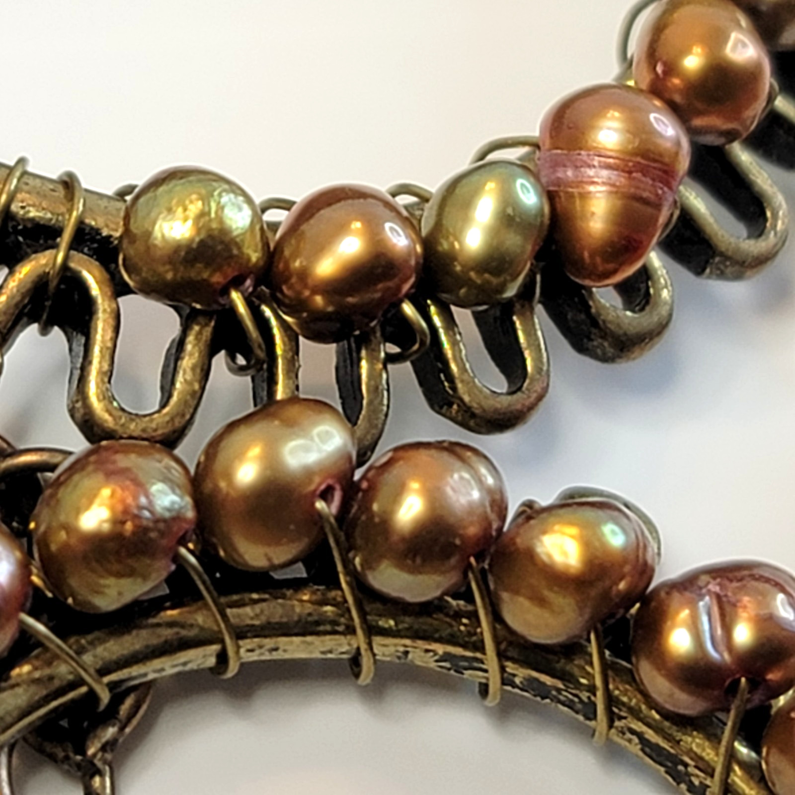 Vintage Coldwater Creek Goldstone and Pearls Bronze Tone Bib Festoon Necklace