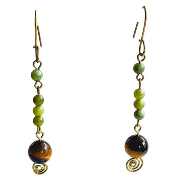 VTG BOHO Brass Swirl Earrings Tigers eye Jade Pierced Modernist 80s dangle 2.8″