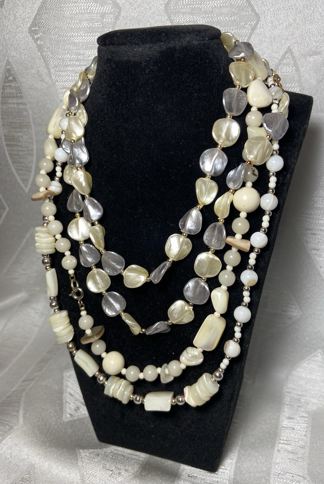 3 Piece Vintage Beaded Statement Necklace Lot, White & Grey Abstract, Layering