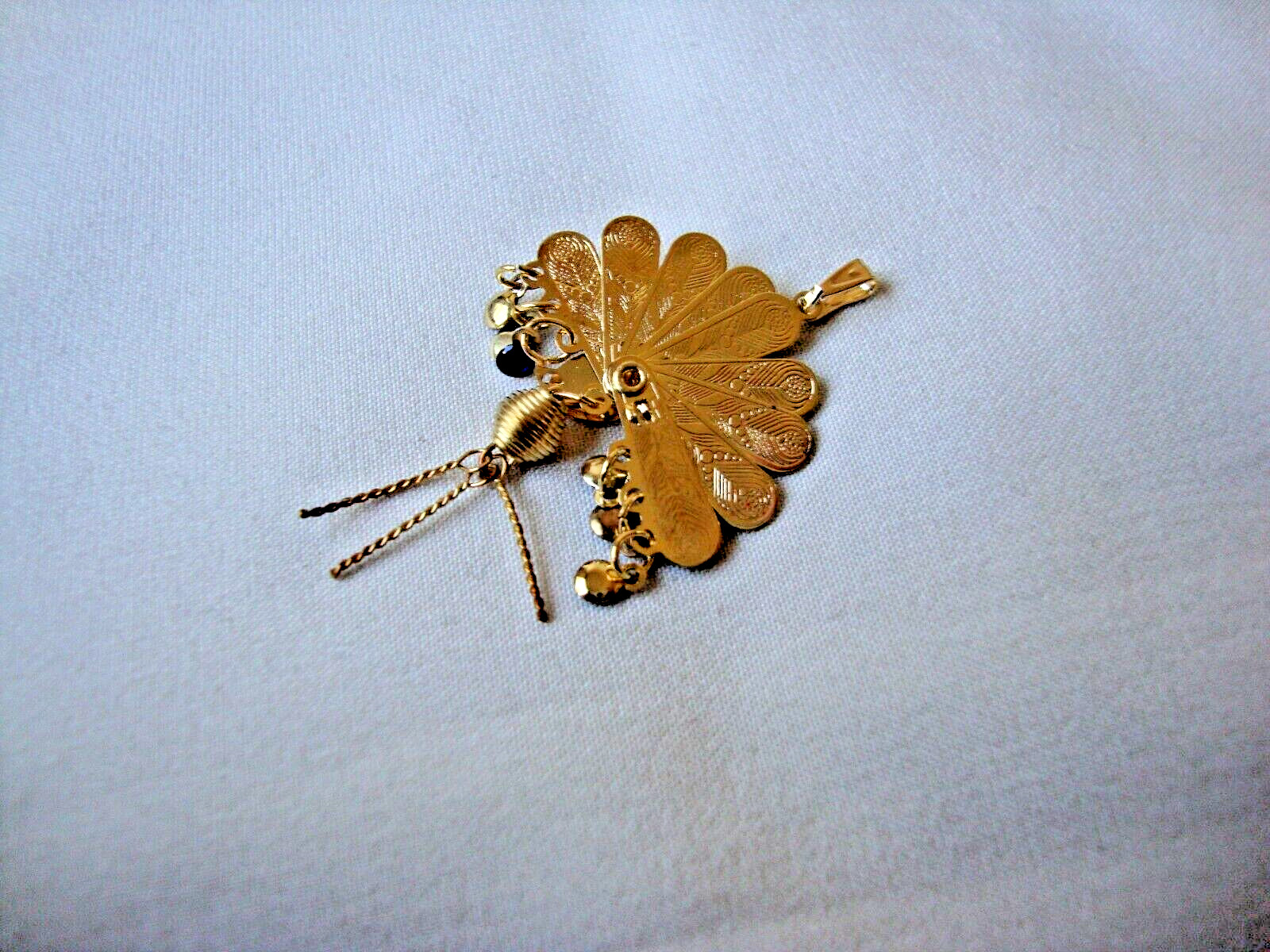 Vintage Folding Peacock Fan Purple Red Blue & White Enamel Gold Plated Pendant
