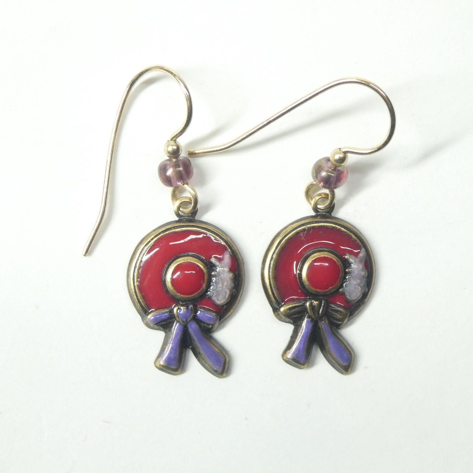 Red Hat Society Enamel Dangle Earrings w/Purple Ribbon