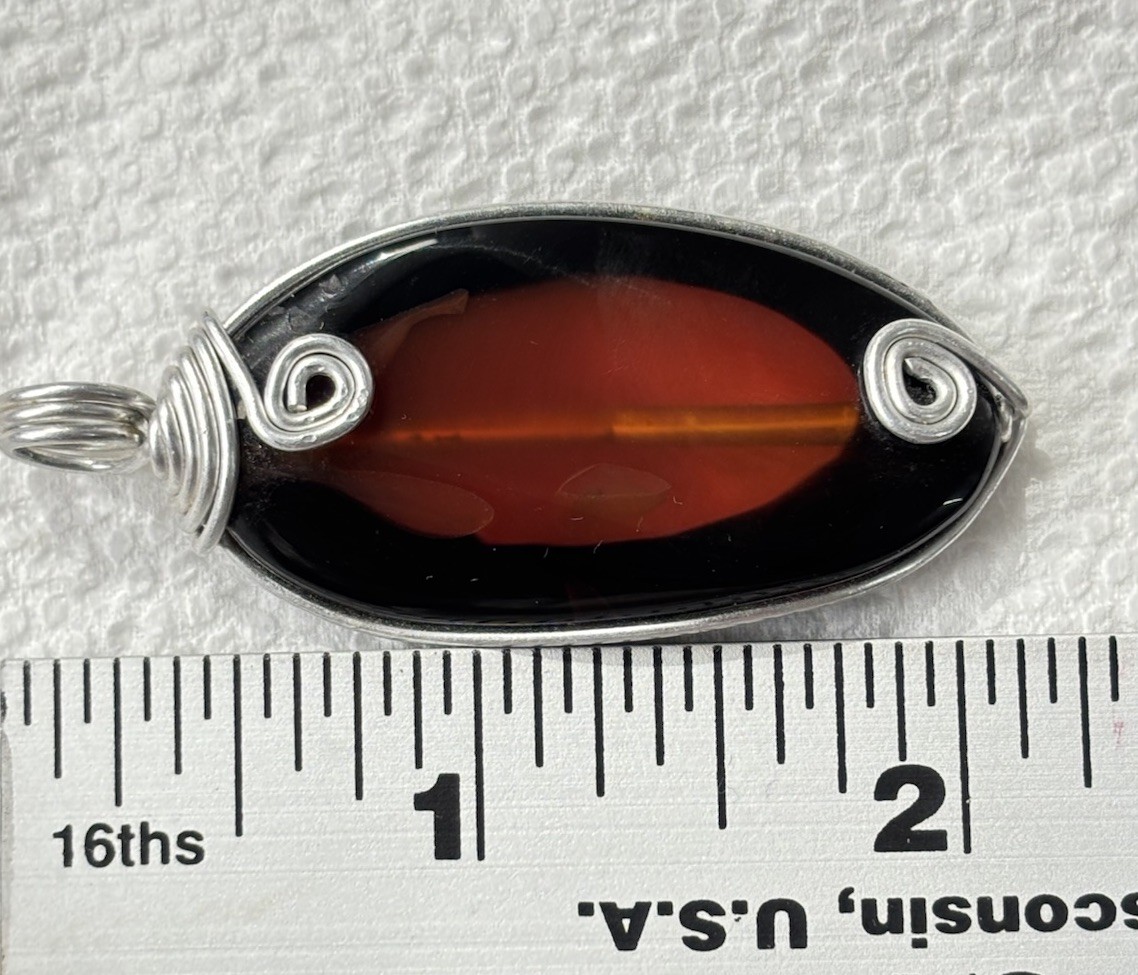 Handmade Wire Wrapped Pendant Dk Amber Orange Translucent Stone or Glass Artisan