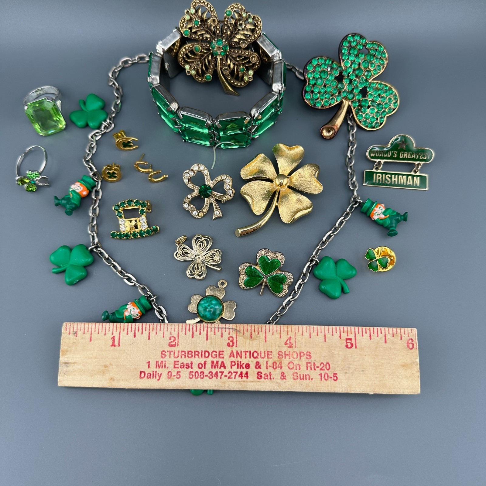 Vintage St. Patricks Day Jewelry Lot Shamrock Brooches Leprechaun Necklace Rings
