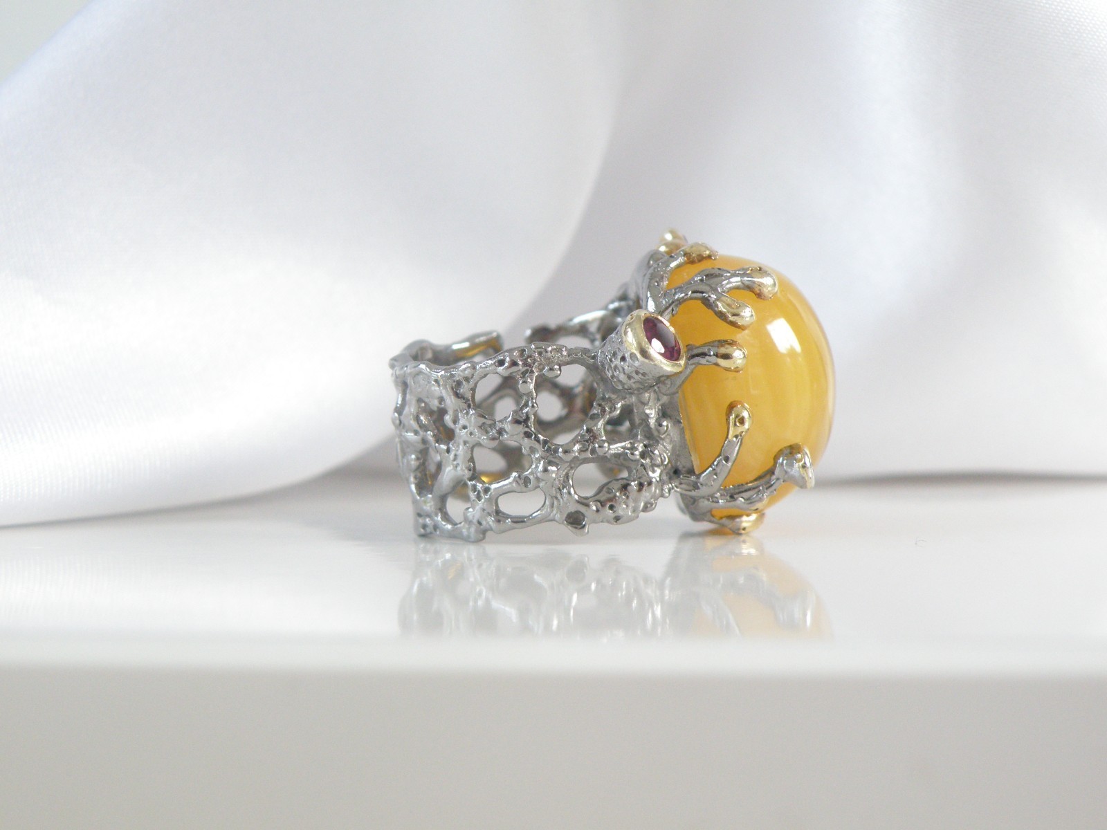 Brutalist Sterling Silver 925 Huge Butterscotch Amber Modern Statement Ring 7.5