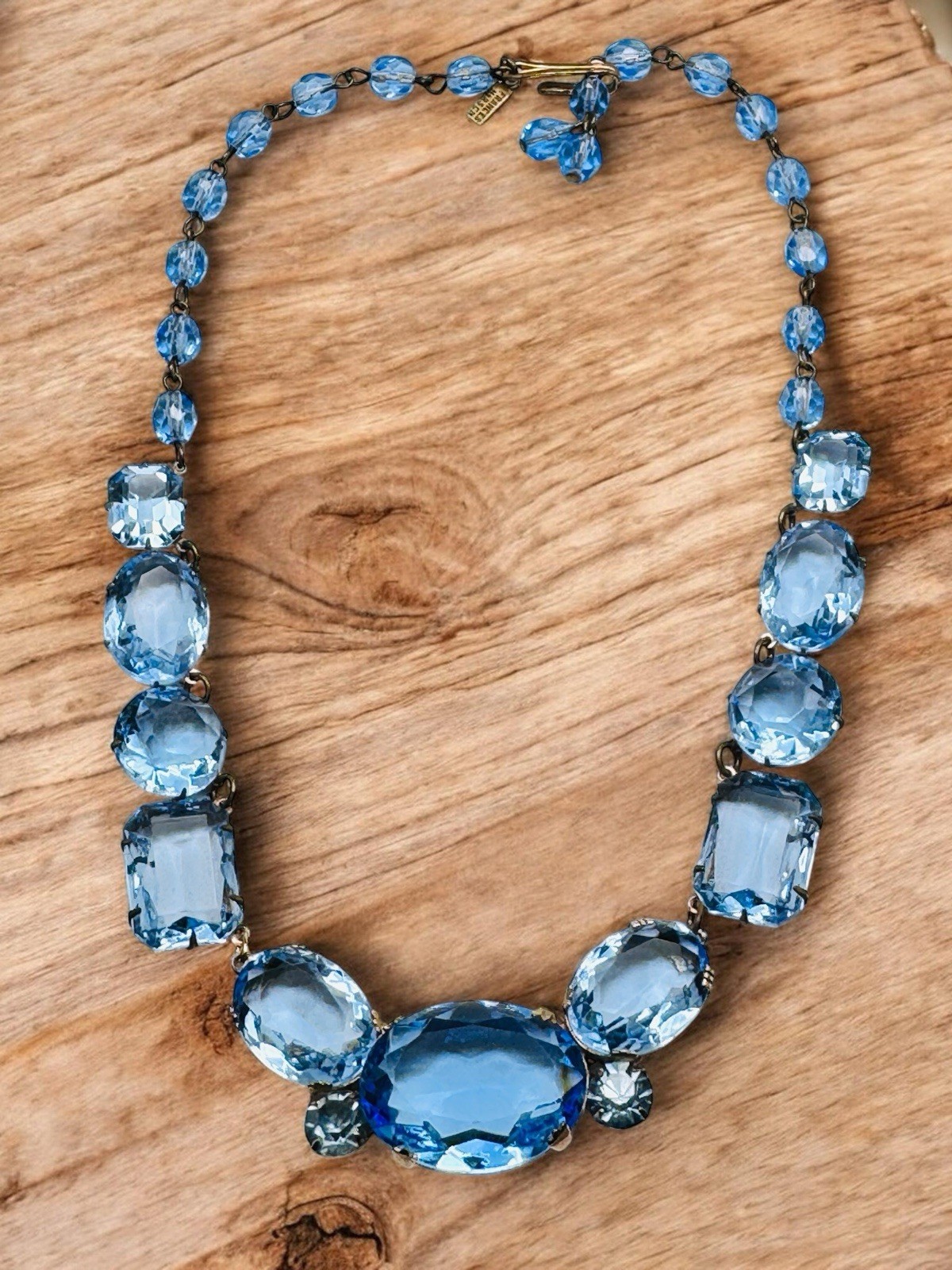Vintage Blue Glass Rhinestone Necklace Signed Frances Hirsch Beautiful 16″