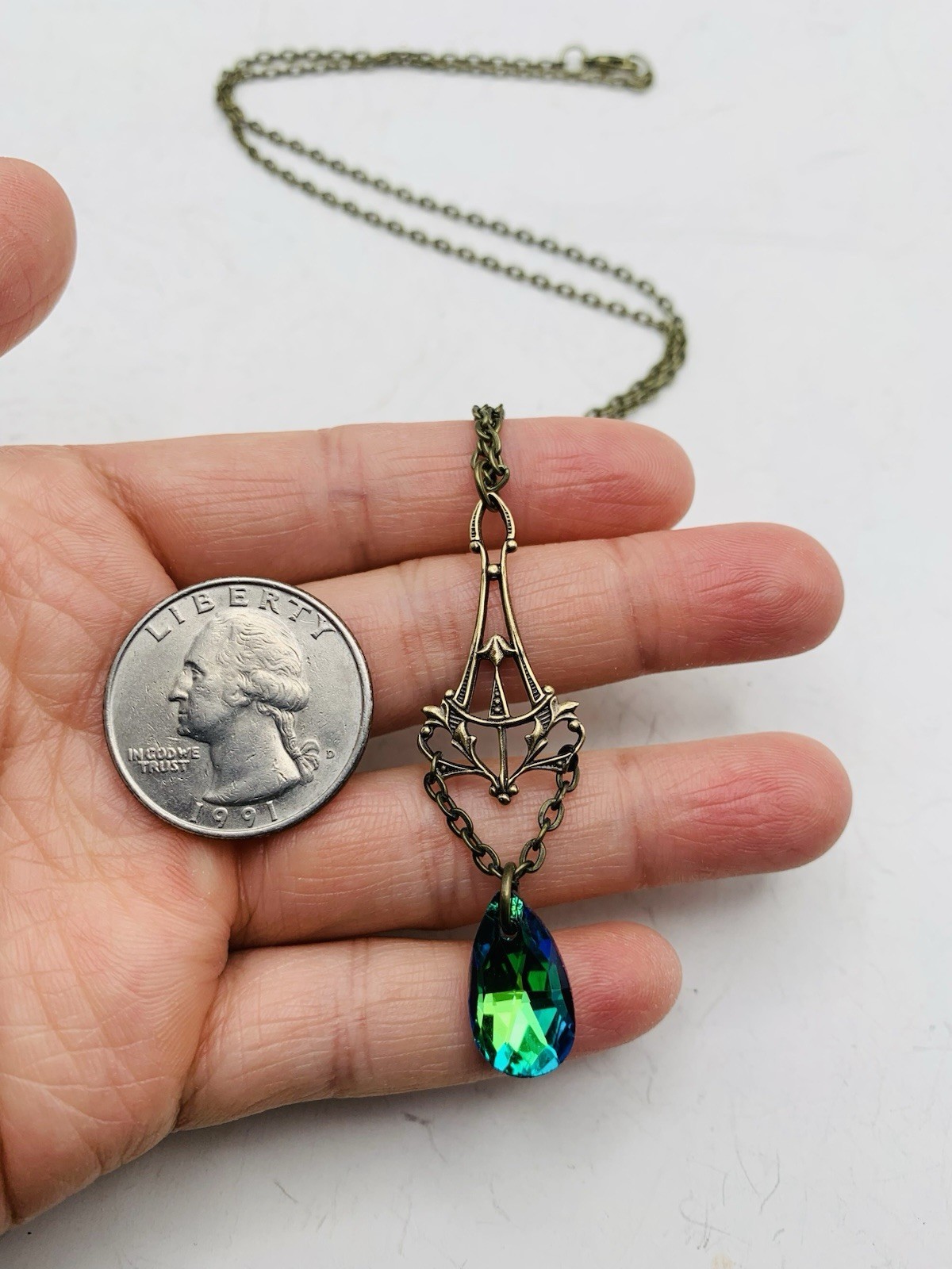 Vintage Style Art Nouveau Bronze Tone Mermaid Blue Teardrop Drop-down Necklace