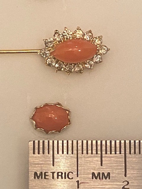 Vintage 1980s Set of Pink Coral & Dimond Pin and Stud Earrings – Gold Plated