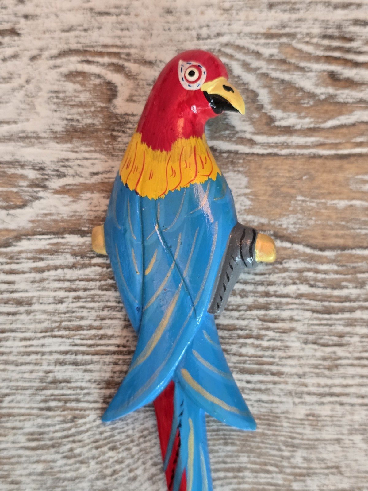 Vintage Hand Painted Wooden Parrot Brooch Colorful Tropical Bird Statement Pin