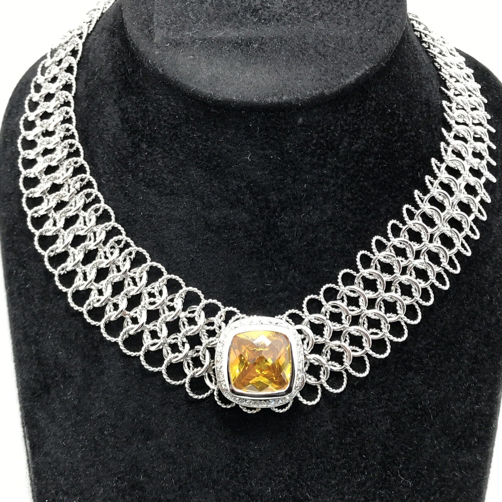 Vintage Silver Choker Chain Lg Citrine Yellow & Clear Cubic Zirconia Necklace