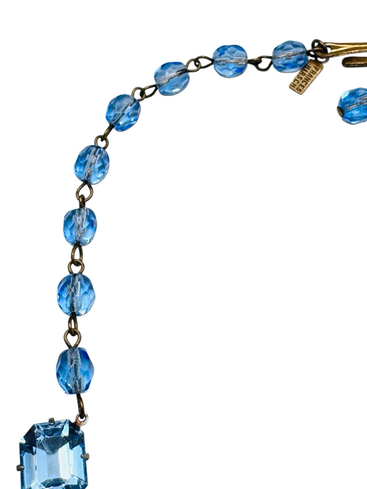 Vintage Blue Glass Rhinestone Necklace Signed Frances Hirsch Beautiful 16″