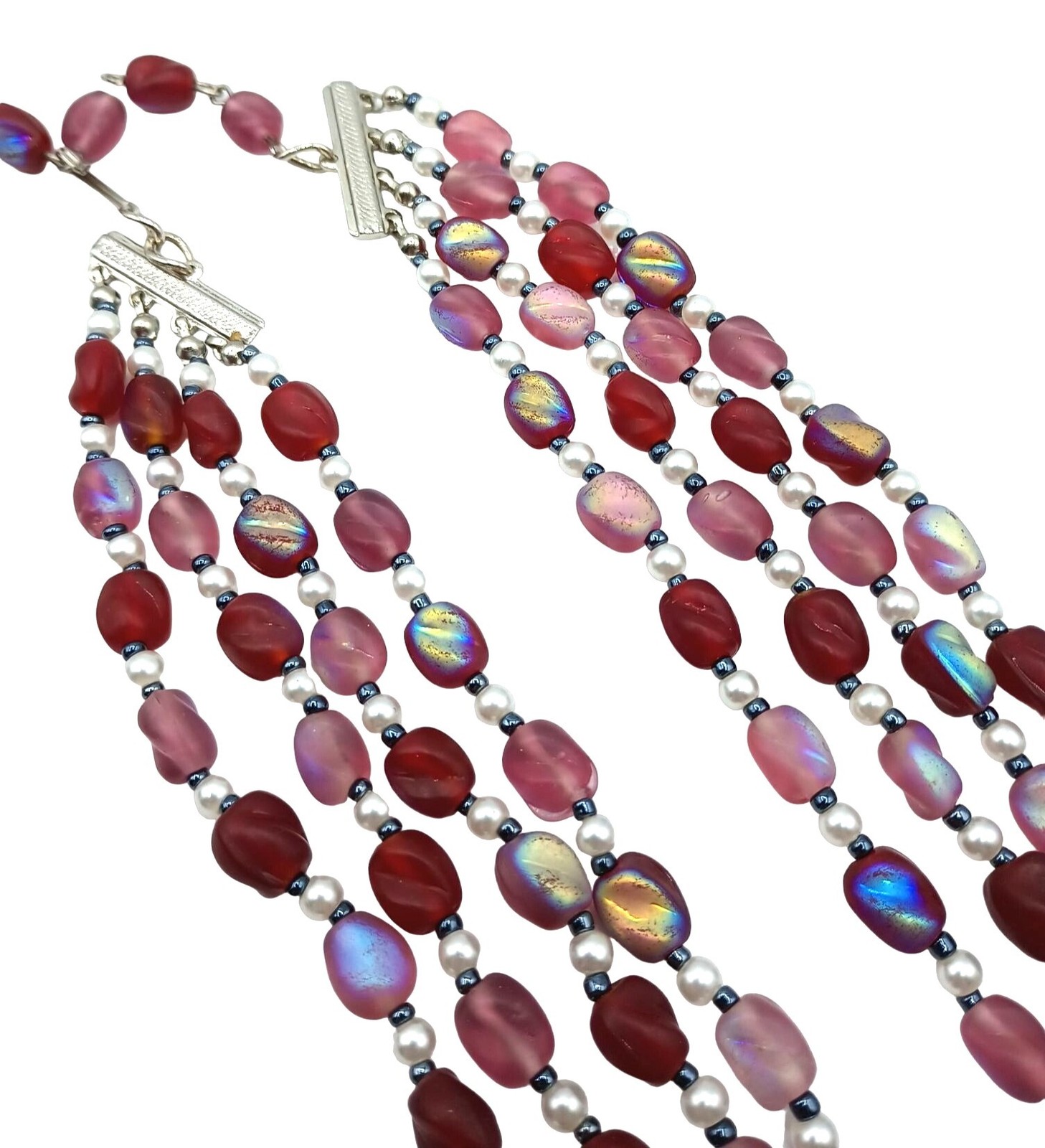 Vintage Glass Beaded Iridescent Necklace Pink Red Purple Four Strand Costume Jew