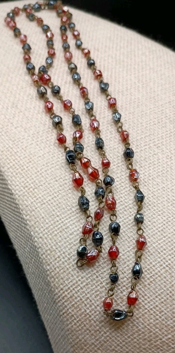 Vintage Czech Glass Beaded Necklace AB Red Black Petite Beads Dainty 36″