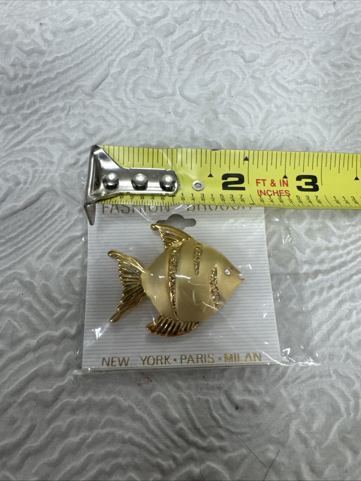 Vintage Angelfish Gold Tone Finish and Rhinestone 2” Brooch Pin New