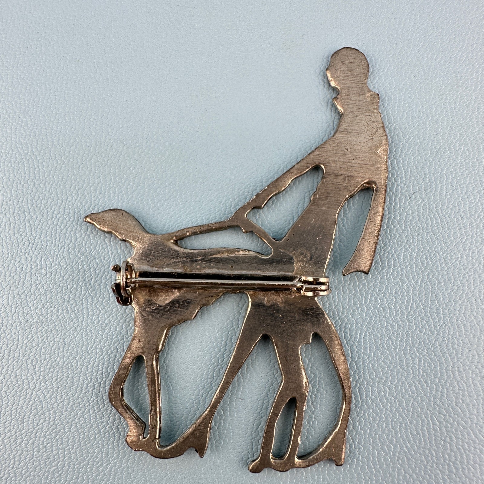 Vintage Brooch Vogue Magazine Art Deco Flapper Lady Walking Dog Silver Tone