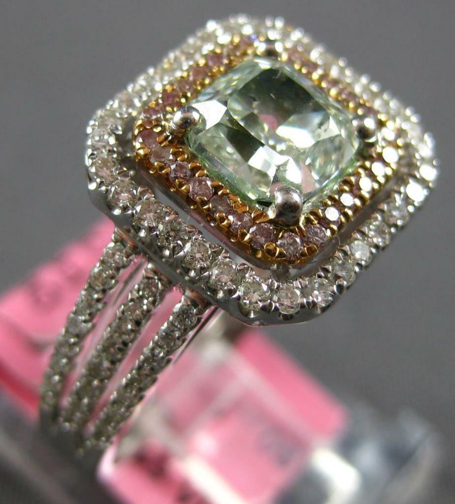 LARGE GIA 1.57CT WHITE PINK & GREEN DIAMOND 18K WHITE & ROSE GOLD 3D SQUARE RING