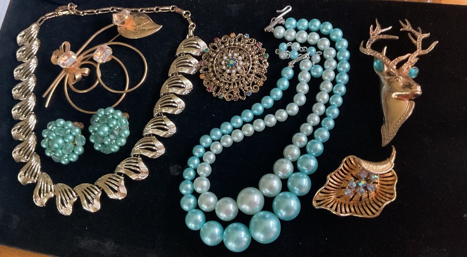Vtg Aqua Blue Summer Jewelry Mix Lot Earrings Necklace Brooch Lisner Japan Coro