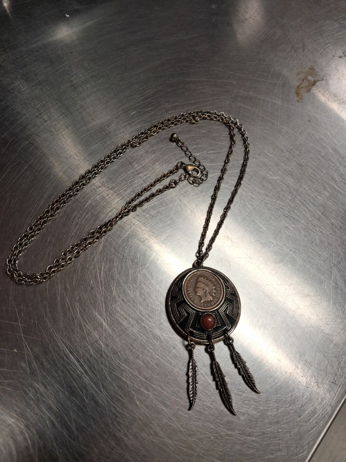 1900 Indian Head Penny Necklace on Metal Dreamcatcher, Carnelian Gem 3 Feathers