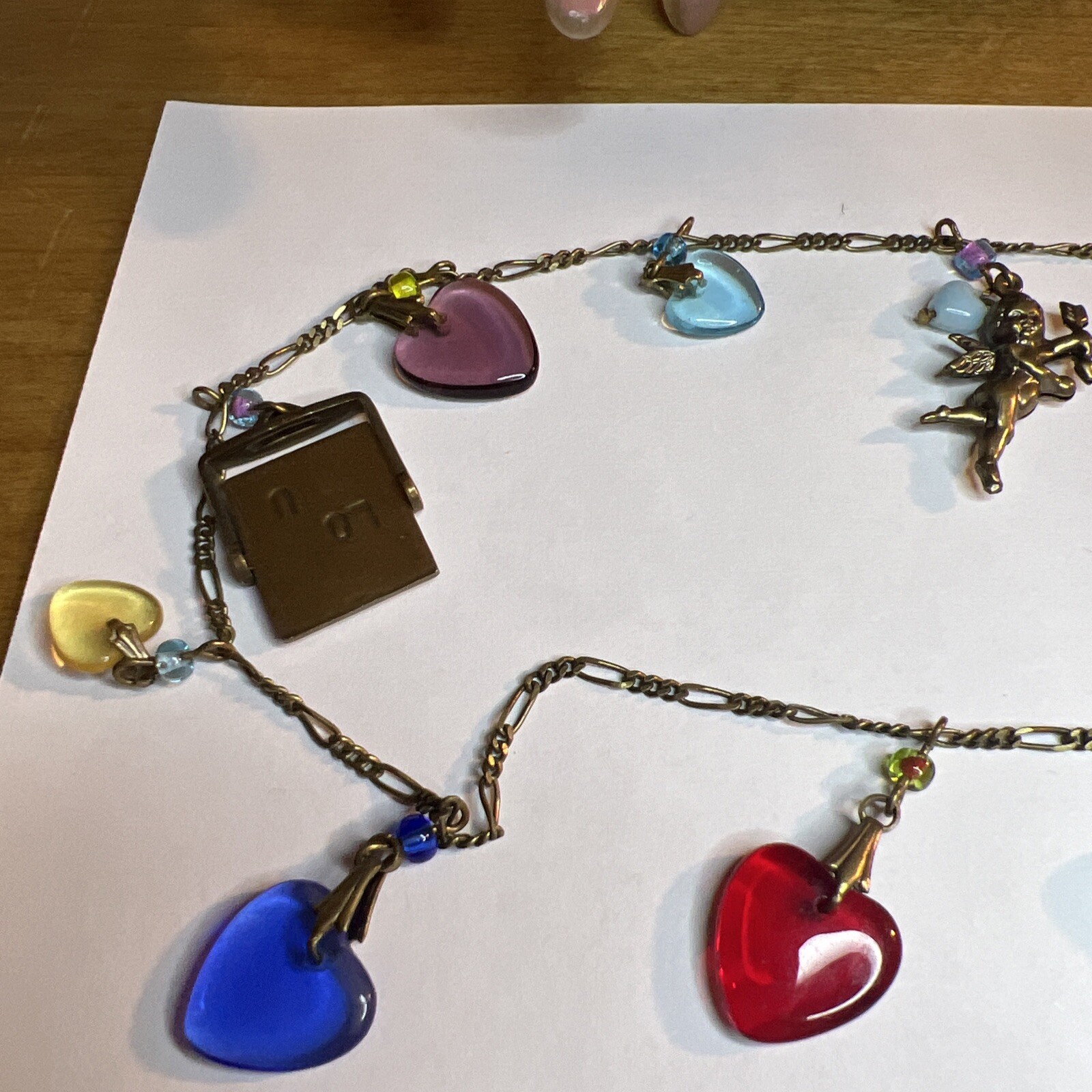 Vintage Glass Works Studio Necklace Unsigned Hearts Brass Charms Cherub