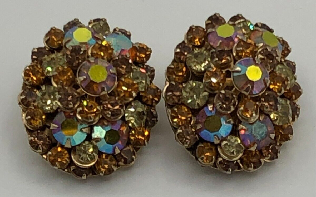 Vintage Clip Earrings Signed Pat Pend Dome Cluster Prong Set Topaz AB Rhinestone
