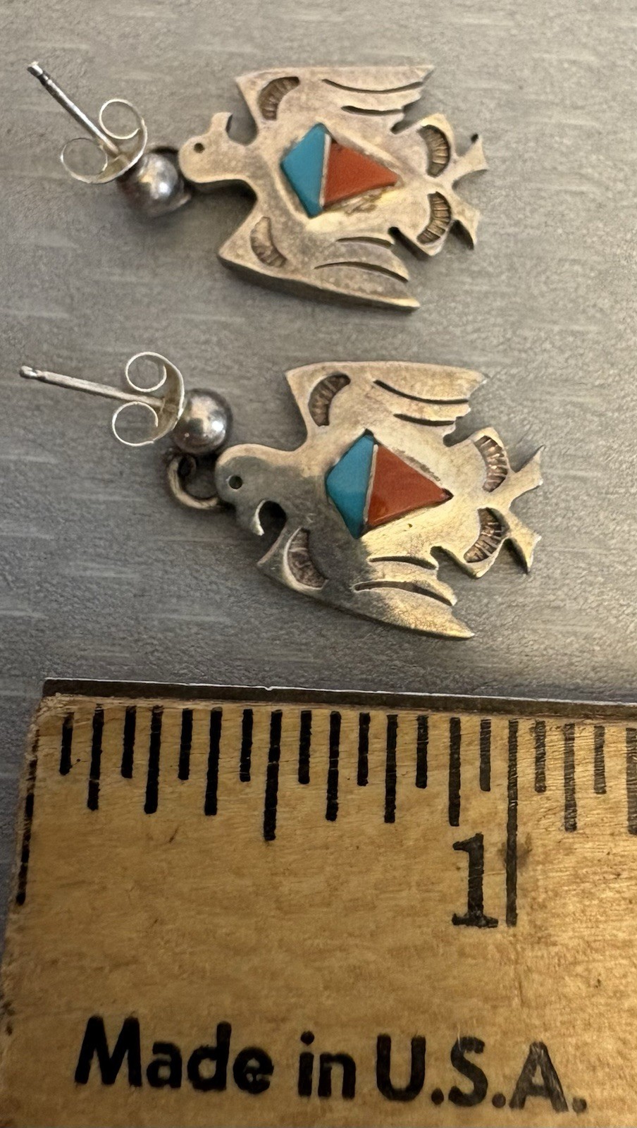 Vintage Native American Sterling Silver Turquoise Red Coral Thunderbird Earrings