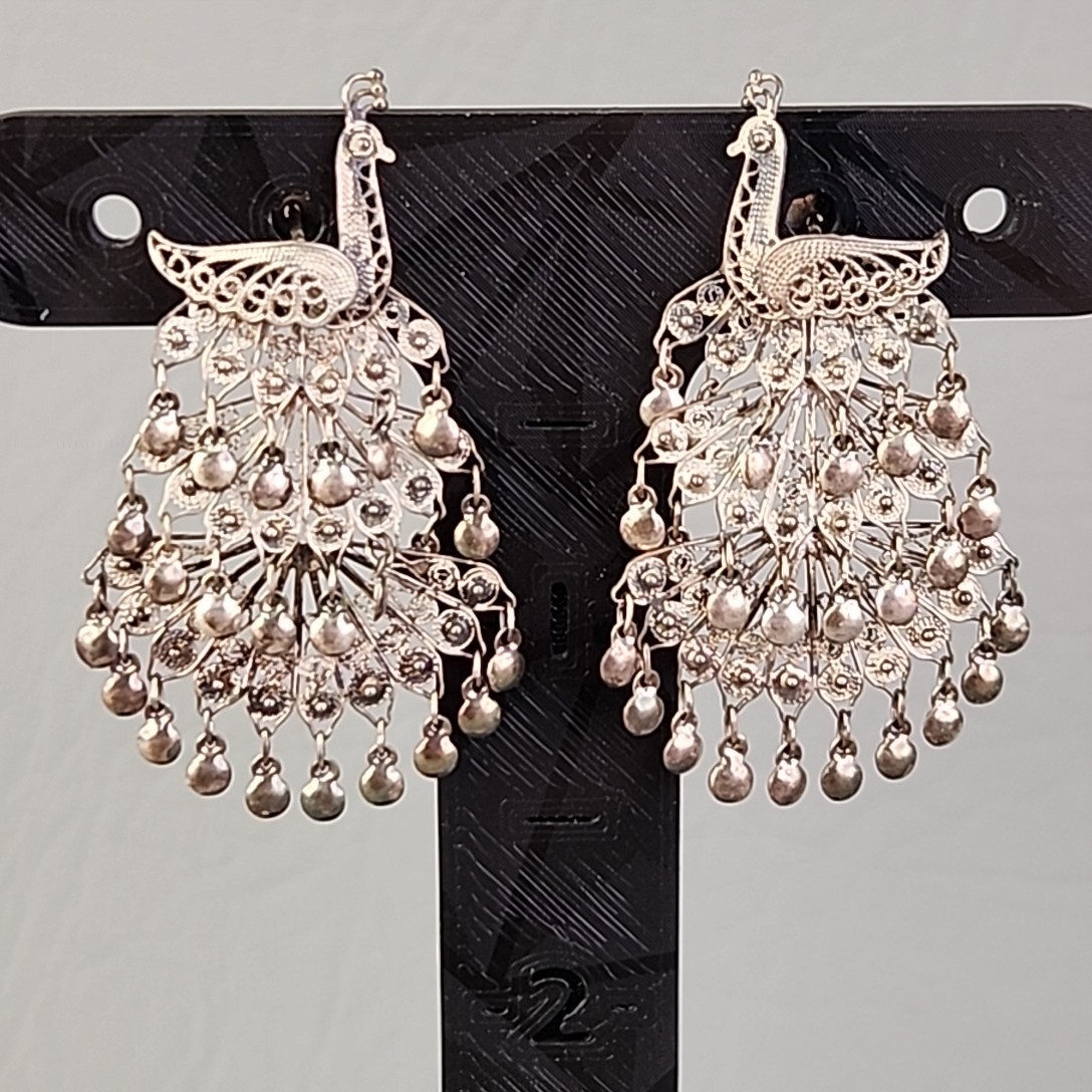 Vintage Sterling Silver Peacock Earrings Cannetille Filigree Articulated Dangles