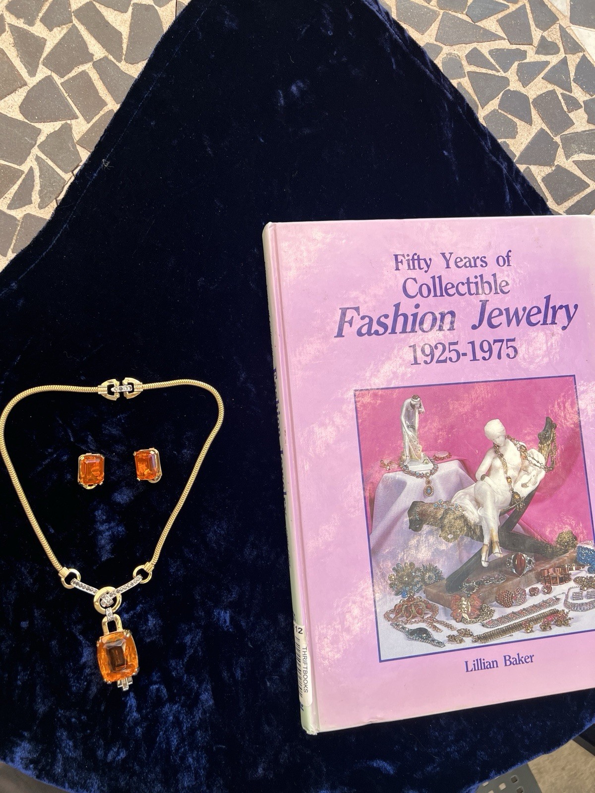 Mazer Deco gold plated faux topaz rhinestones necklace/Earrings 1960’s ca, USA.