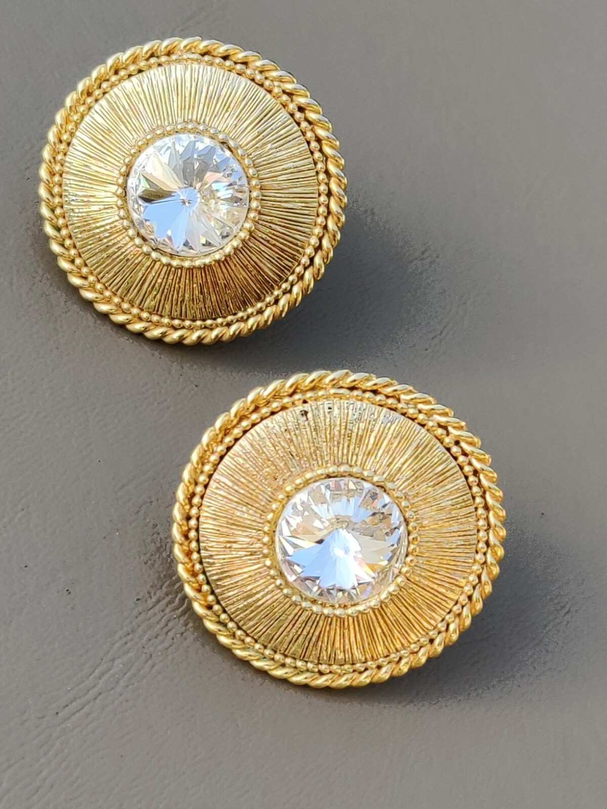 ORENA Paris France Couture Designer Brand Gold Tn Faceted Crystal Clip Earrings