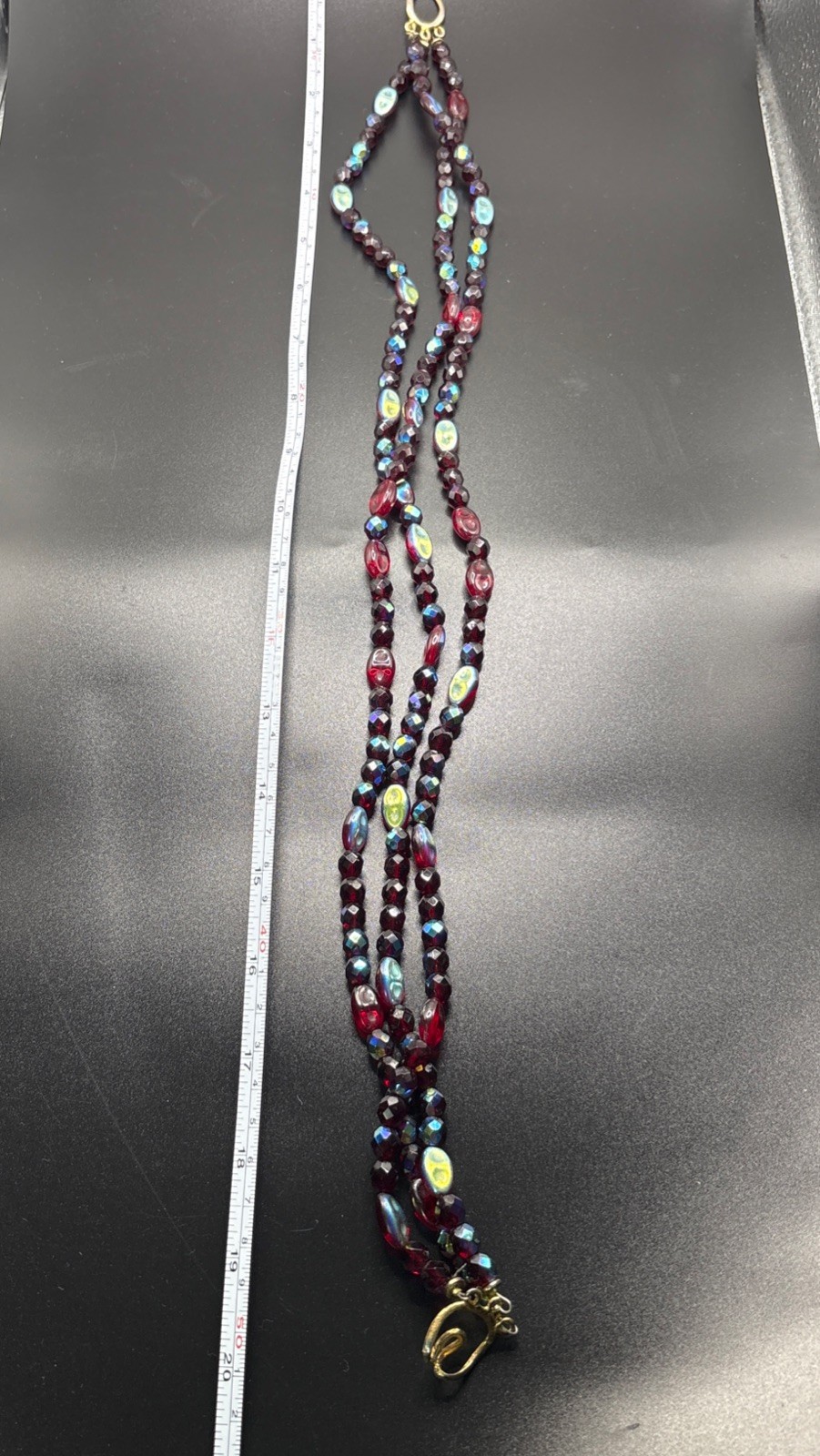 Vintage Red Glass Beaded Necklace multi strand Iridescent Statement Molded 20”