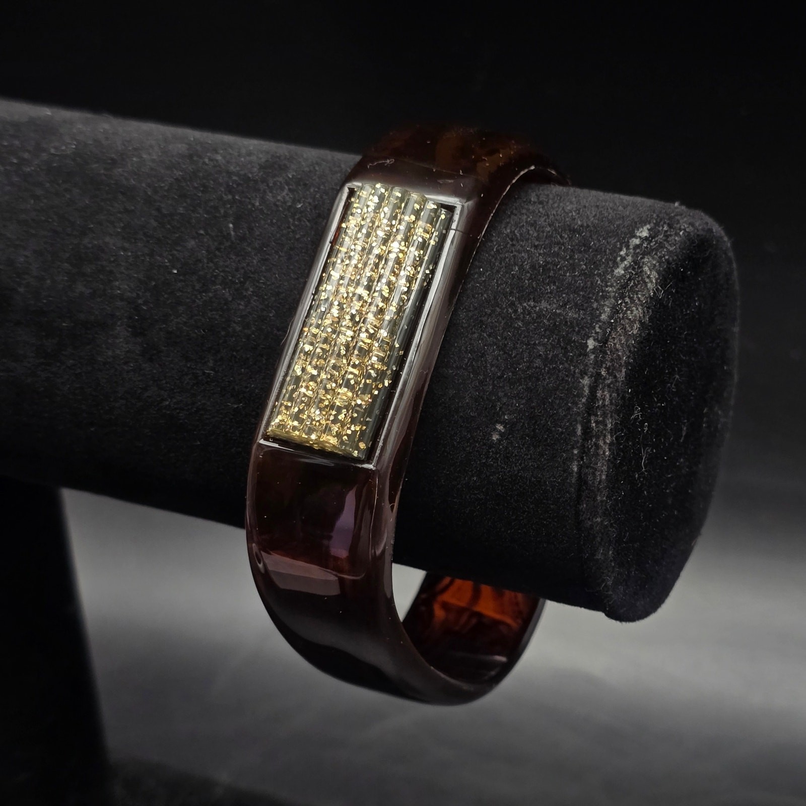 Brown Faux Tortoise Shell Bangle Bracelet with Gold Tone Glitter Accent Vintage
