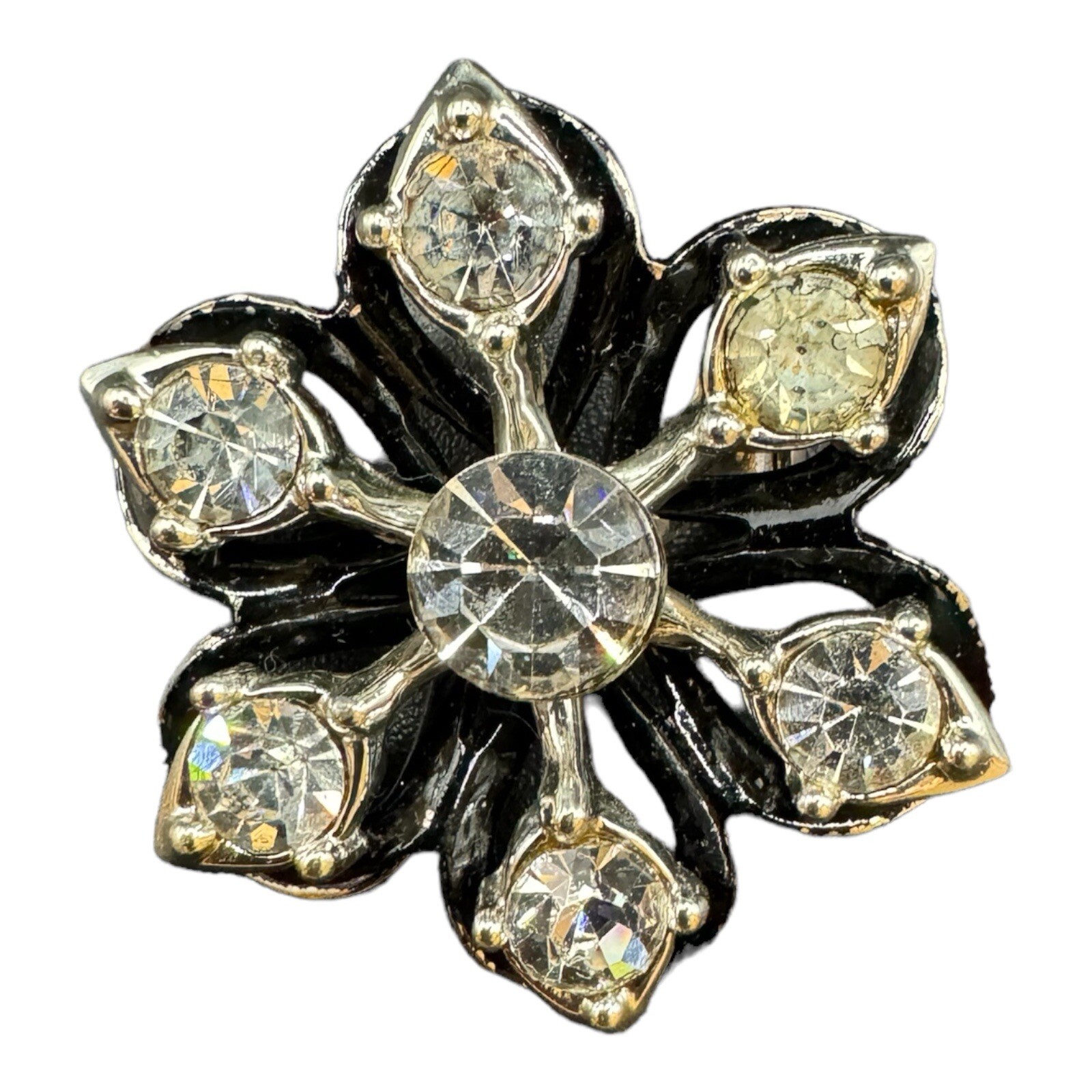 Vintage Silver Tone Round Clear Rhinestone With Black Background Brooch