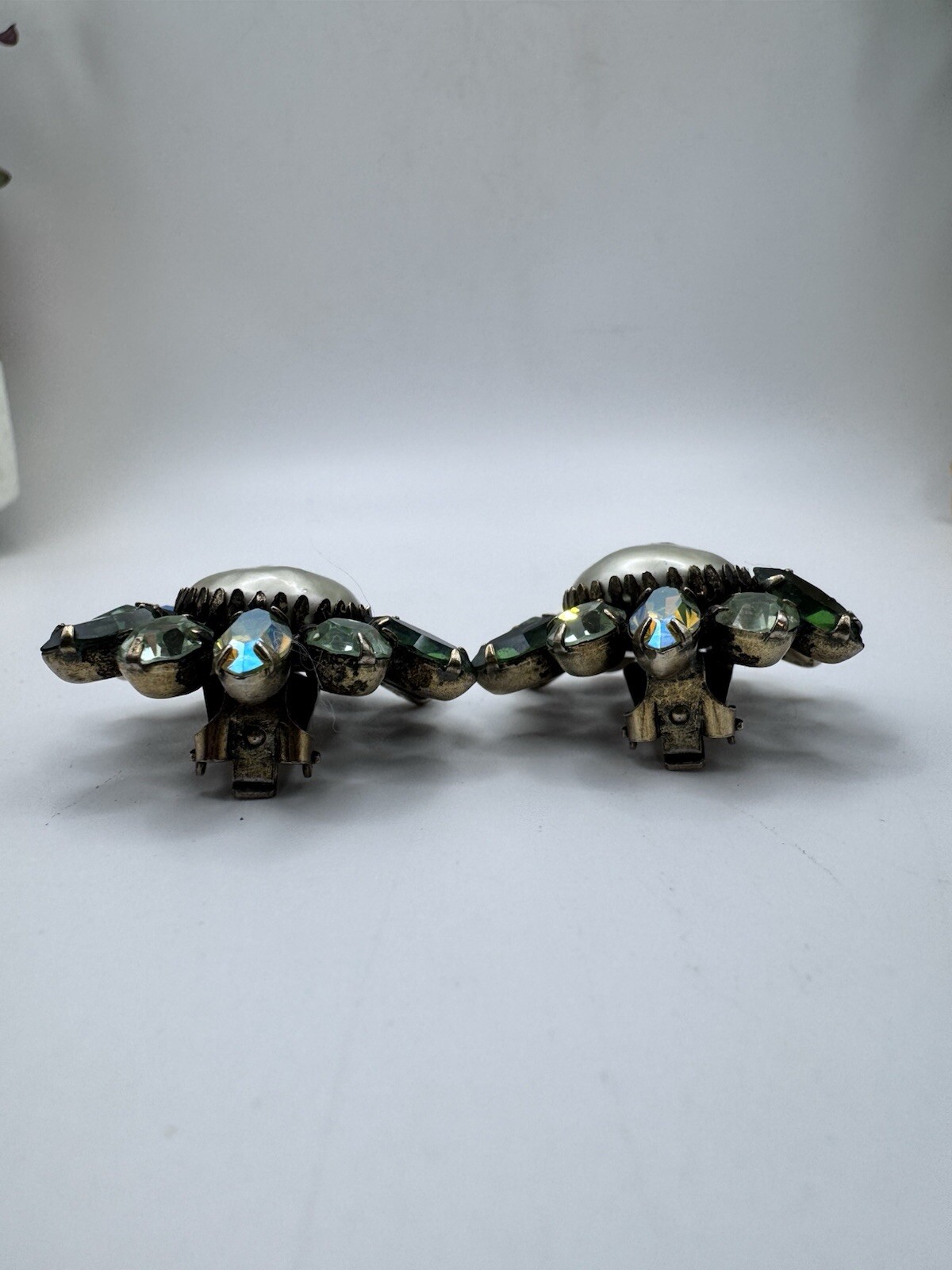 Antique Vintage Blue Rhinestone Clip On Earrings And Gray Baroque Faux Pearl
