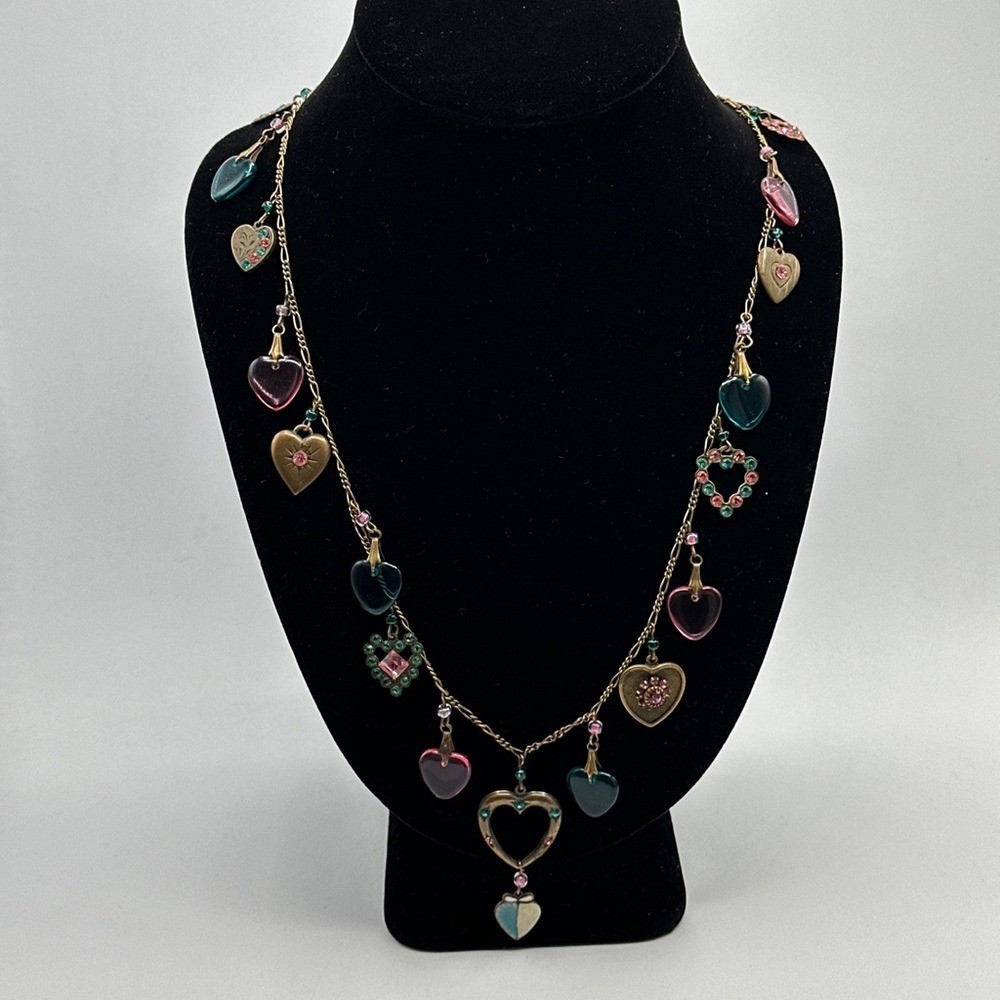 Vtg Glass Works Studio Necklace Enamel Heart Charm Long pink Blue 31″ Long #546