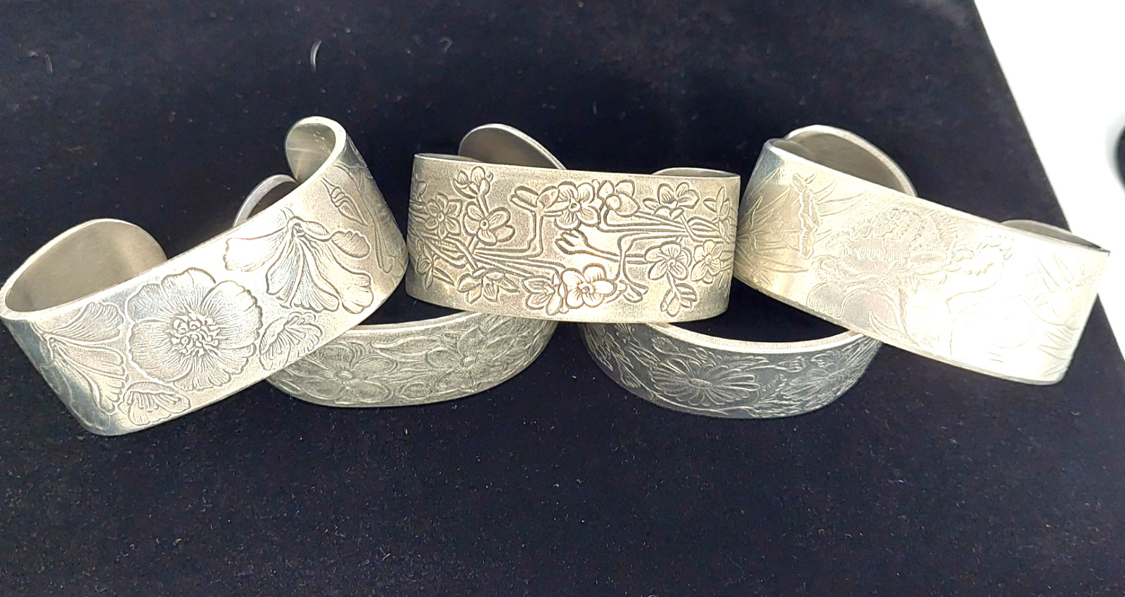 5 Vintage Pewter Birth Month by Flower Cuff Bracelets, Salisbury Pewter
